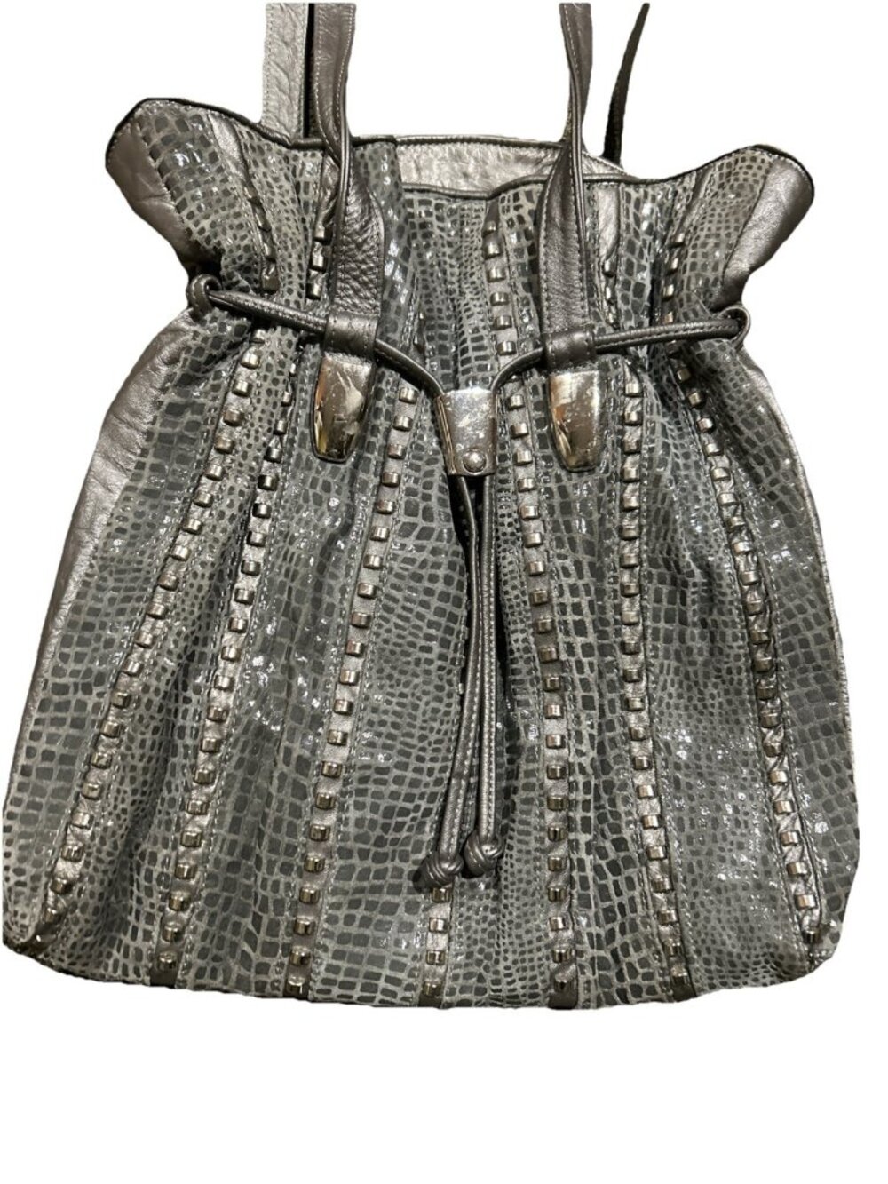Silver Pewter Studded Leather Shoulder Bag Reptile Animal Print USA Mina - Picture 2 of 12